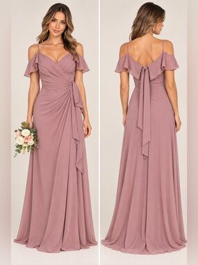 Mauve Off Shoulder Ruffle Ruched Formal Maxi Dress Gown XL